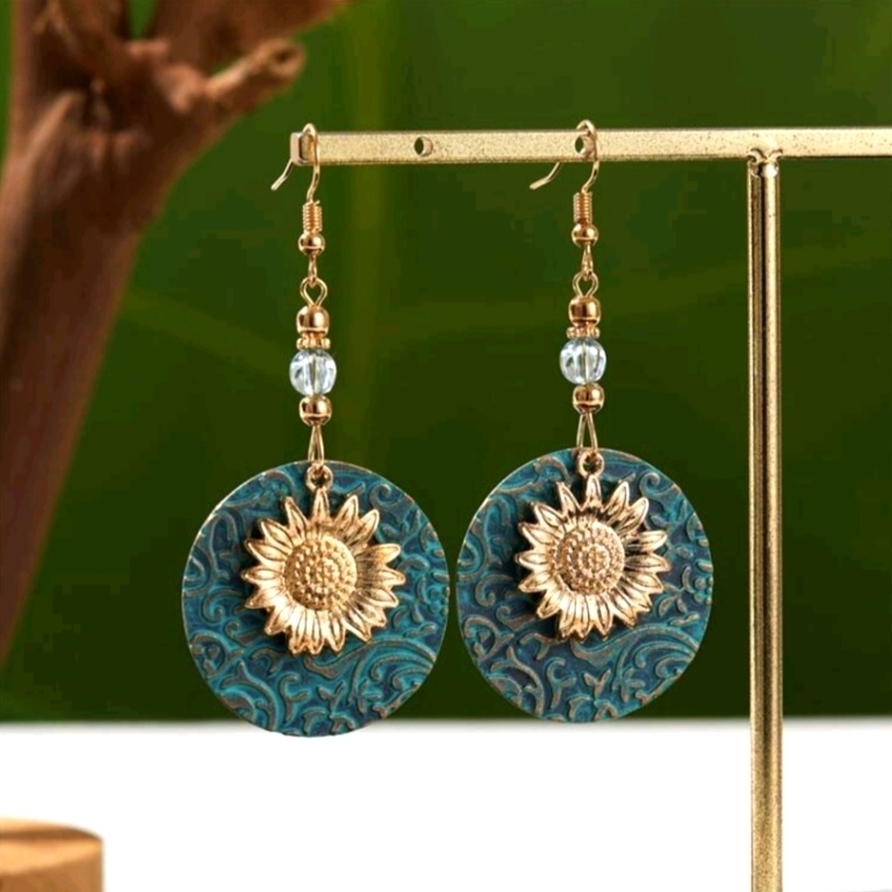 Earrings Bohemian Sunflower 2.8" Dangle earring Gold Green Floral Jewelry